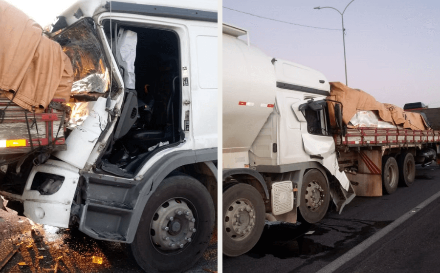 Colisão traseira entre dois caminhões deixa motorista preso às ferragens na BR-101