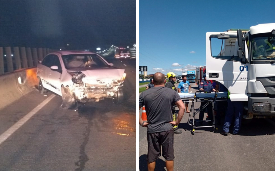 Em acidentes diferentes, carro e caminhão colidem contra mureta de proteção na BR-101