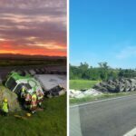 Motorista fica preso às ferragens após carreta tombar na BR-101, em Jaguaruna