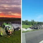 Motorista fica preso às ferragens após carreta tombar na BR-101, em Jaguaruna