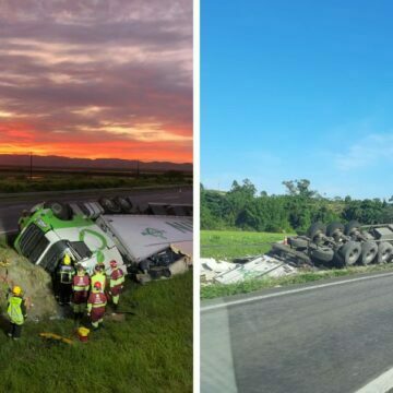 Motorista fica preso às ferragens após carreta tombar na BR-101, em Jaguaruna