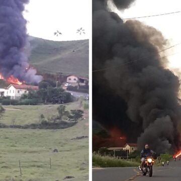 Caminhão carregado de combustíveis pega fogo após capotar em Armazém, VÍDEO