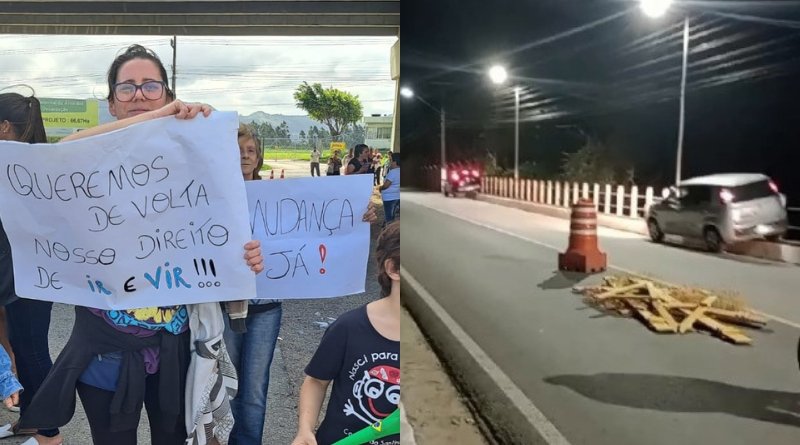 Moradores de Capivari de Baixo fazem manifestação contra alterações nas marginais da BR-101 e interdição da ponte de Santo André
