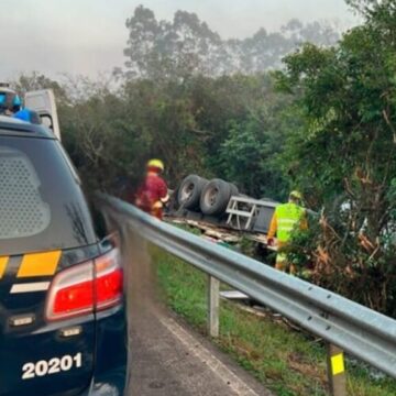 Caminhoneiro morre após capotar caminhão carregado de peixe na freeway Caminhoneiro morre após capotar caminhão carregado de peixe na freeway