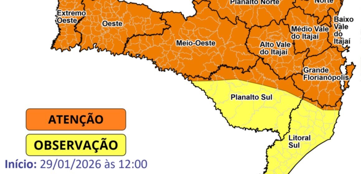 Defesa Civil emite alerta para temporais em Santa Catarina nesta quinta-feira