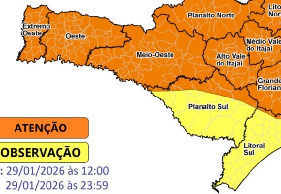 Defesa Civil emite alerta para temporais em Santa Catarina nesta quinta-feira
